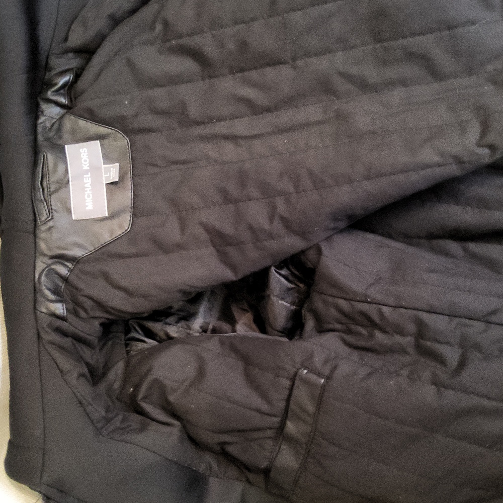 Unisex Michael Kors black soft faux leather 2fer bomber hoodie jacket L - Picture 5 of 5